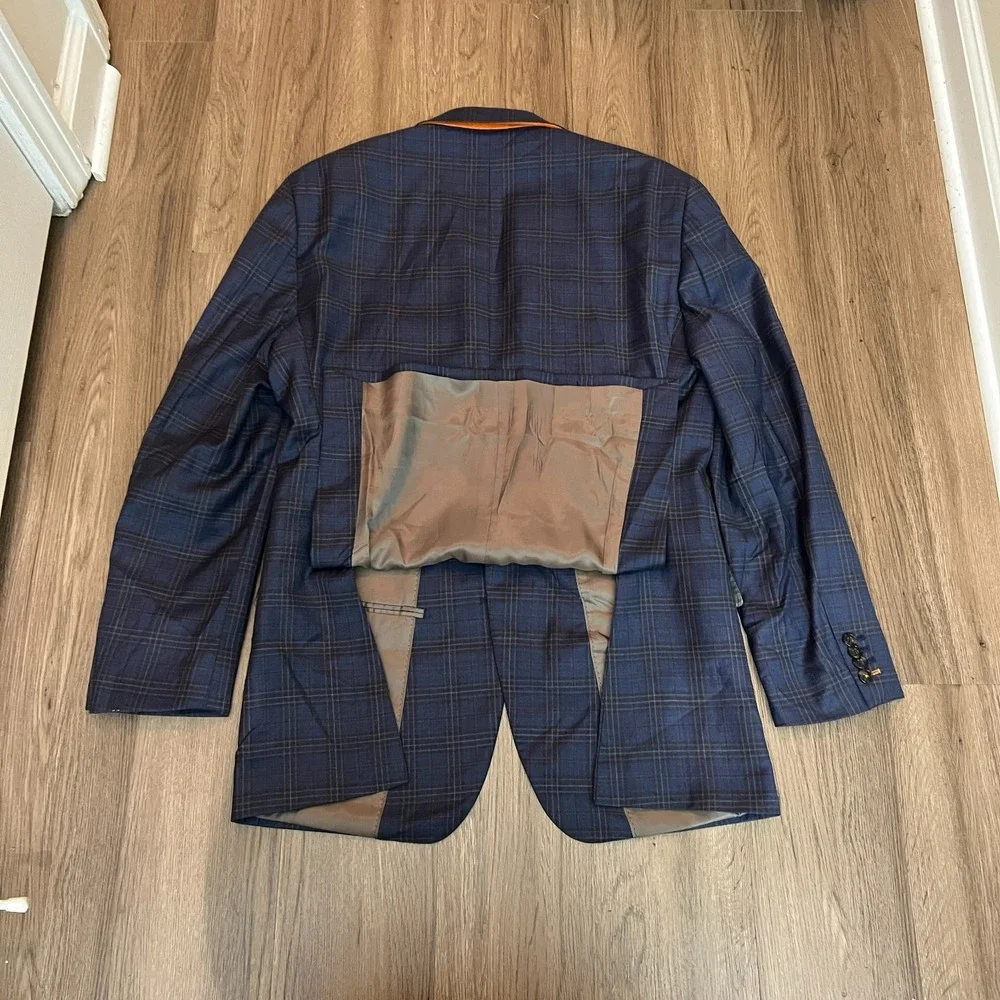 Jos. A. Bank 42L 100% Wool Navy Glen Plaid Suit Double Pleated Cuffed Pants